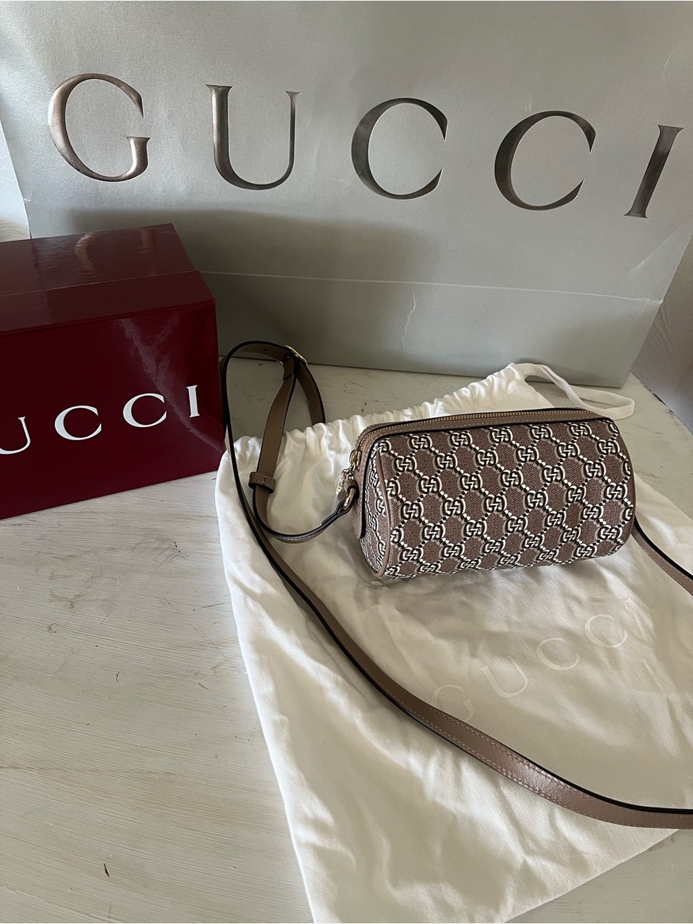 NEW GUCCI GG SHADOW CYLINDRICAL SHOULDER/CROSSBODY BAG MINI, COATED CANVAS,$1900 - Picture 1 of 8
